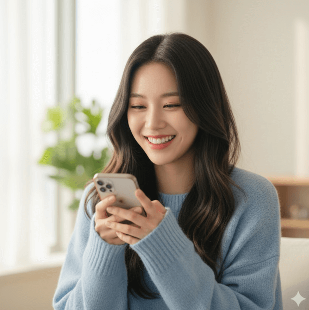 스마트폰 배터리 관리법을 알고 행복해진 20대 여성의 행복하게 웃는 사진