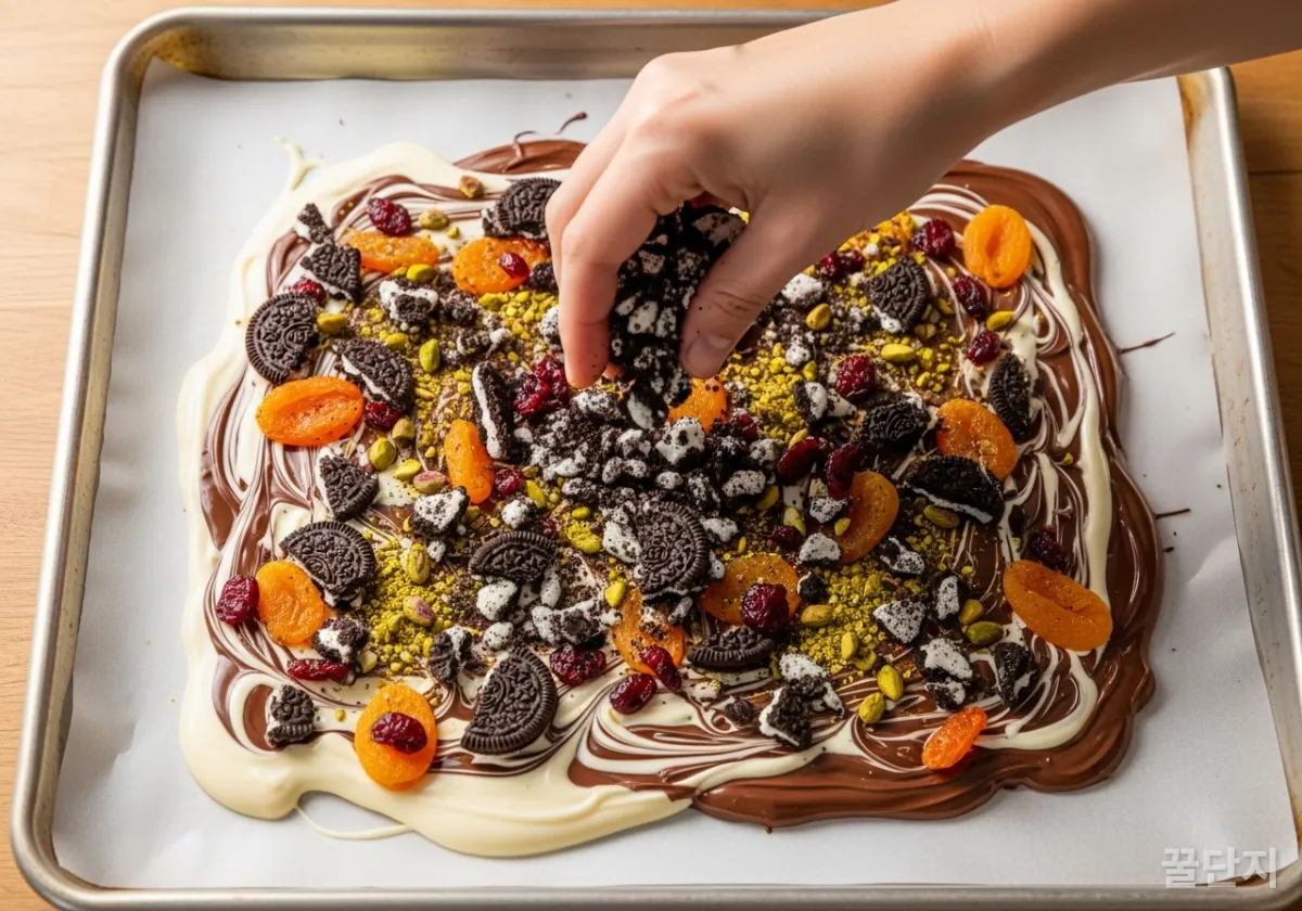 쟁반에 펼쳐진 초콜릿 위에 오레오와 말린 과일 토핑을 뿌려 바크 초콜릿을 만들고 있는 과정