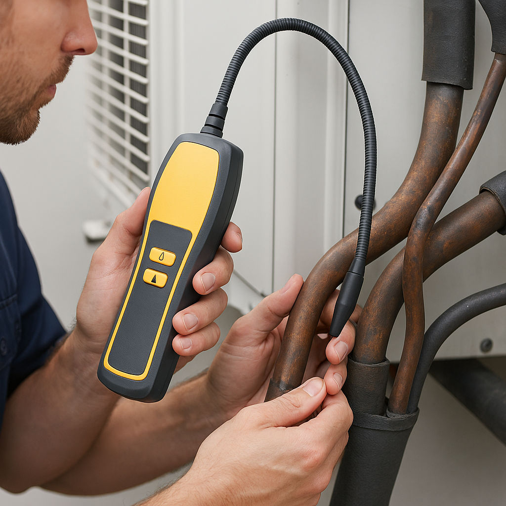 전문 장비로 에어컨 냉매 누설 부위를 정확하게 점검하는 전문가