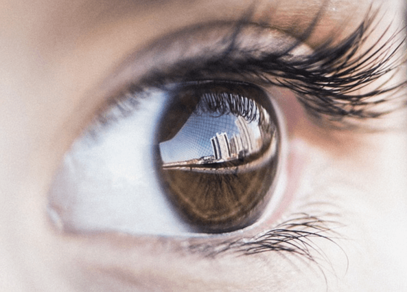 갈색 눈동자를 가진 여자의 큰 눈을 확대한 것으로 속눈썹이 굉장히 풍성하고 길다.