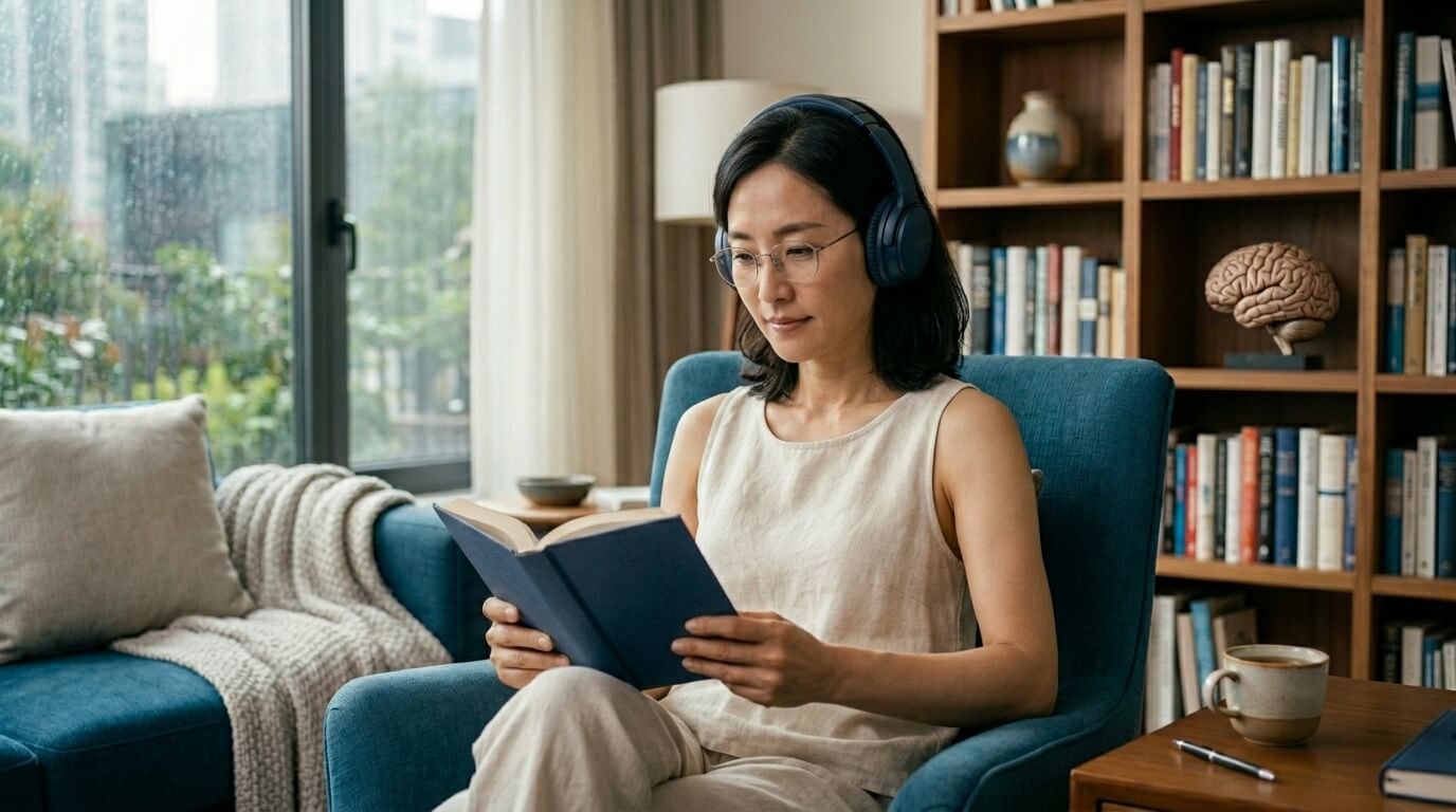 클래식 음악을 들으며 독서하는 사람