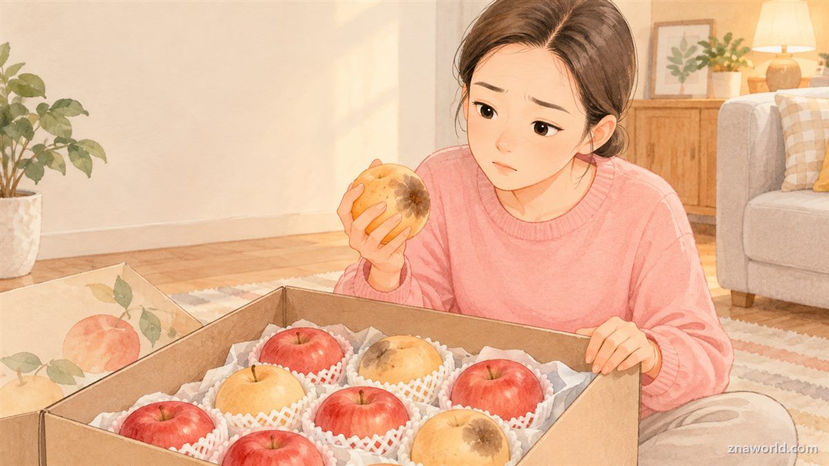 사과와 같이 보관해 물러진 배를 꺼내 보는 지나 엄마