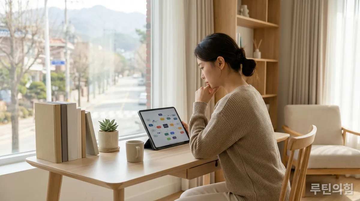 한국인 여성이 집에서 태블릿을 보며 온라인 자격증 선택을 위해 고민하는 모습. 자기 분석과 계획의 중요성을 표현한다.