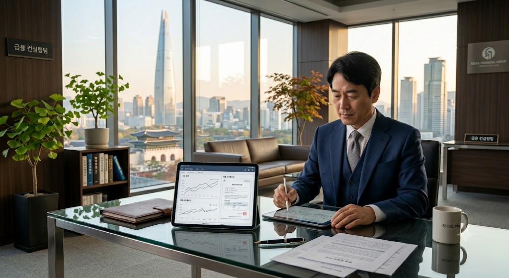 서울의 세련된 금융 상담 사무실에서 한 직장인이 통유리창으로 들어오는 부드러운 햇살을 받으며 태블릿 화면 속 대출 서류와 경제 지표 그래프를 꼼꼼히 분석하고 있는 모습. 깔끔하고 전문적인 금융 자산 관리 분위기를 보여주는 8k 초고해상도 사진.