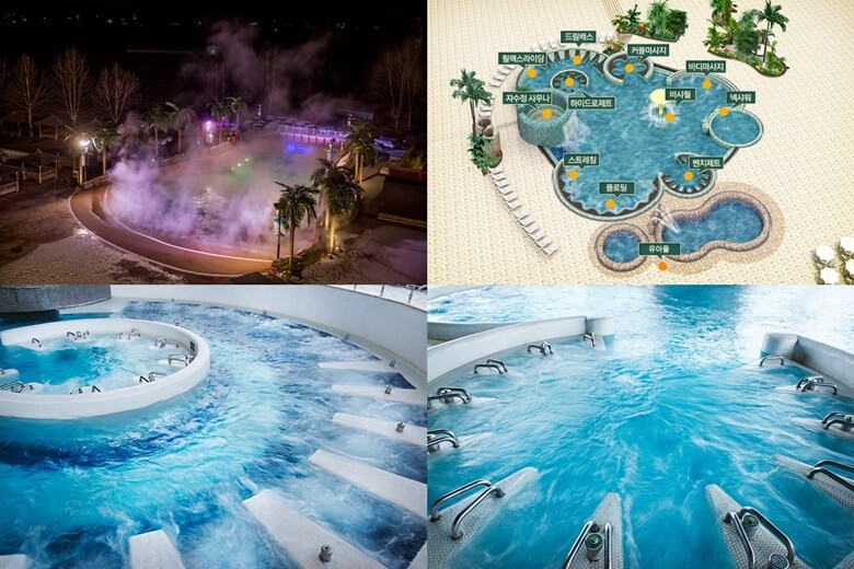 상단좌/우측사진은 파라다이스 스파 및 야외 온천장으로 야경을 배경으로 김이 모락모락 피어오르는 모습과 실내 바데풀 이용 위치도를 그림으로 표현한 사진이며 아래쪽 좌/우 사진은 둥근모양의 실내 바데풀 수중에서 거품이 올라오는 사진