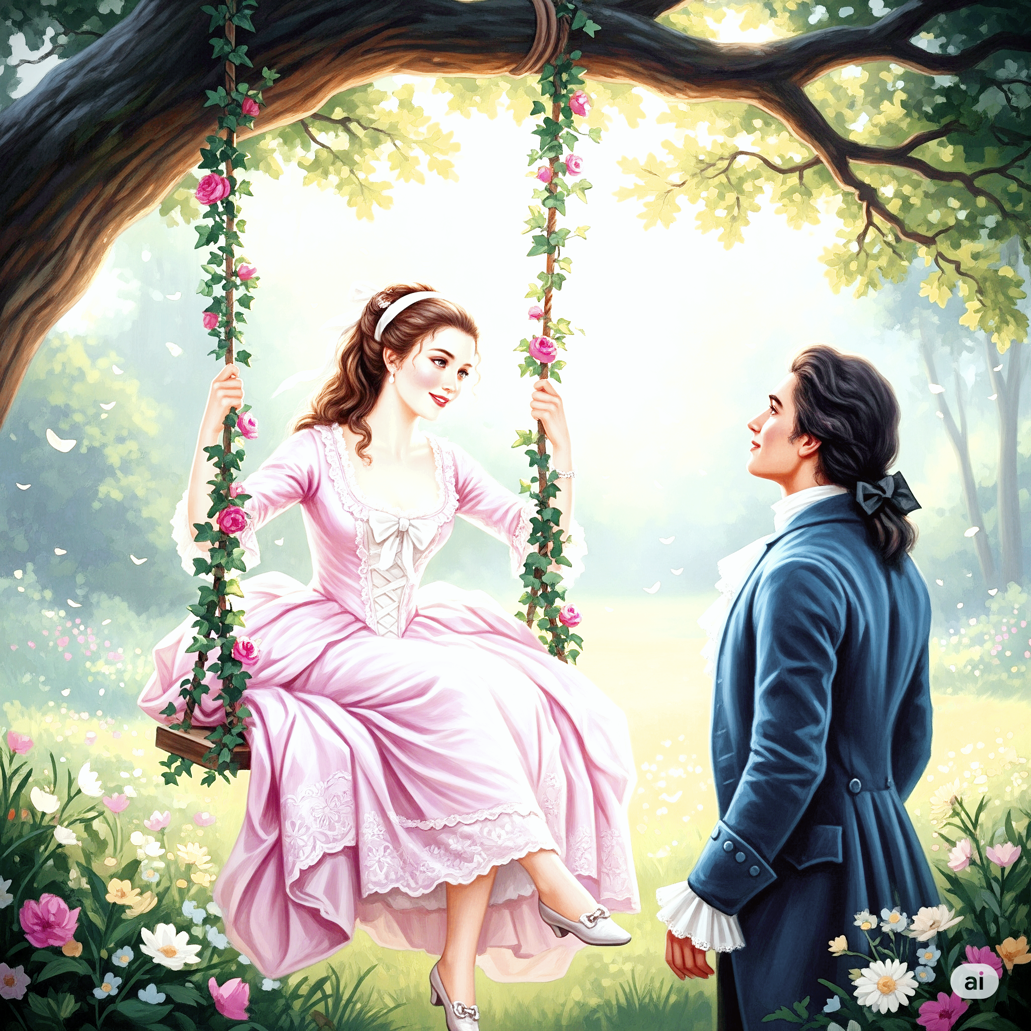 나무 그네에 앉아 있는 여인을 바라보는 남자