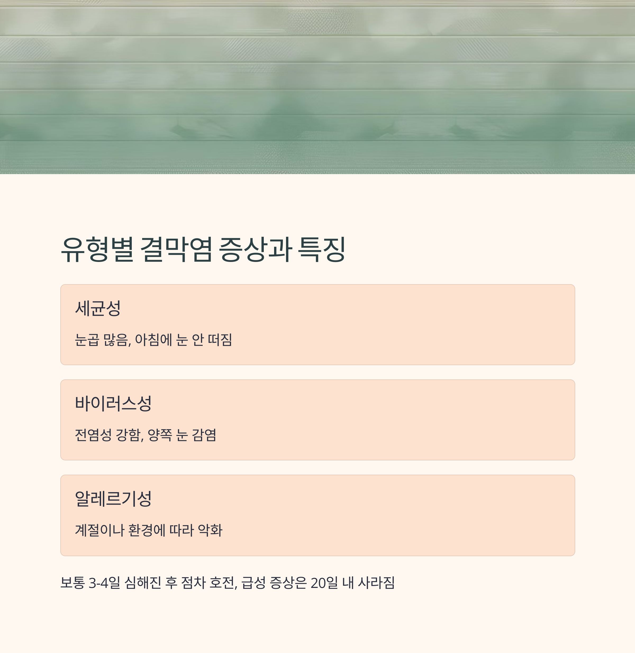 세균성, 바이러스성, 알레르기성 결막염의 특징과 증상을 비교한 인포그래픽 이미지