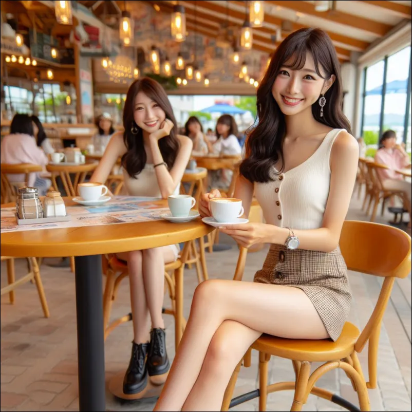 오키나와 카페에서 3월 4월 날씨 즐기고 있는 친구