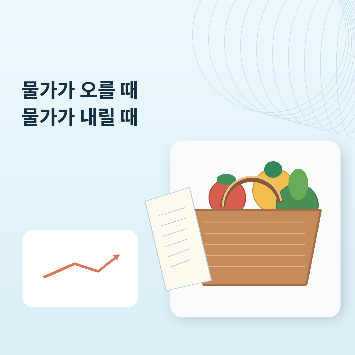 생활비를 상징하는 장바구니와 식재료, 영수증을 배경으로 물가가 오르고 내리는 상황을 나타낸 대표 이미지
