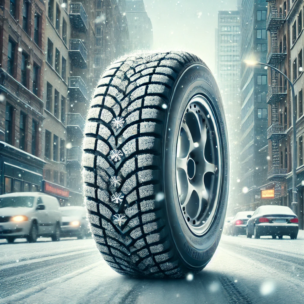 도시 겨울 도로에 적합한 스노우 타이어와 도심 배경