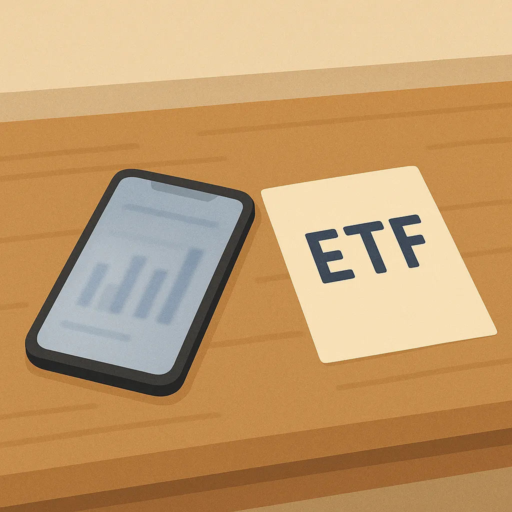 테이블 위 ETF 문서와 차트를 띄운 스마트폰 일러스트