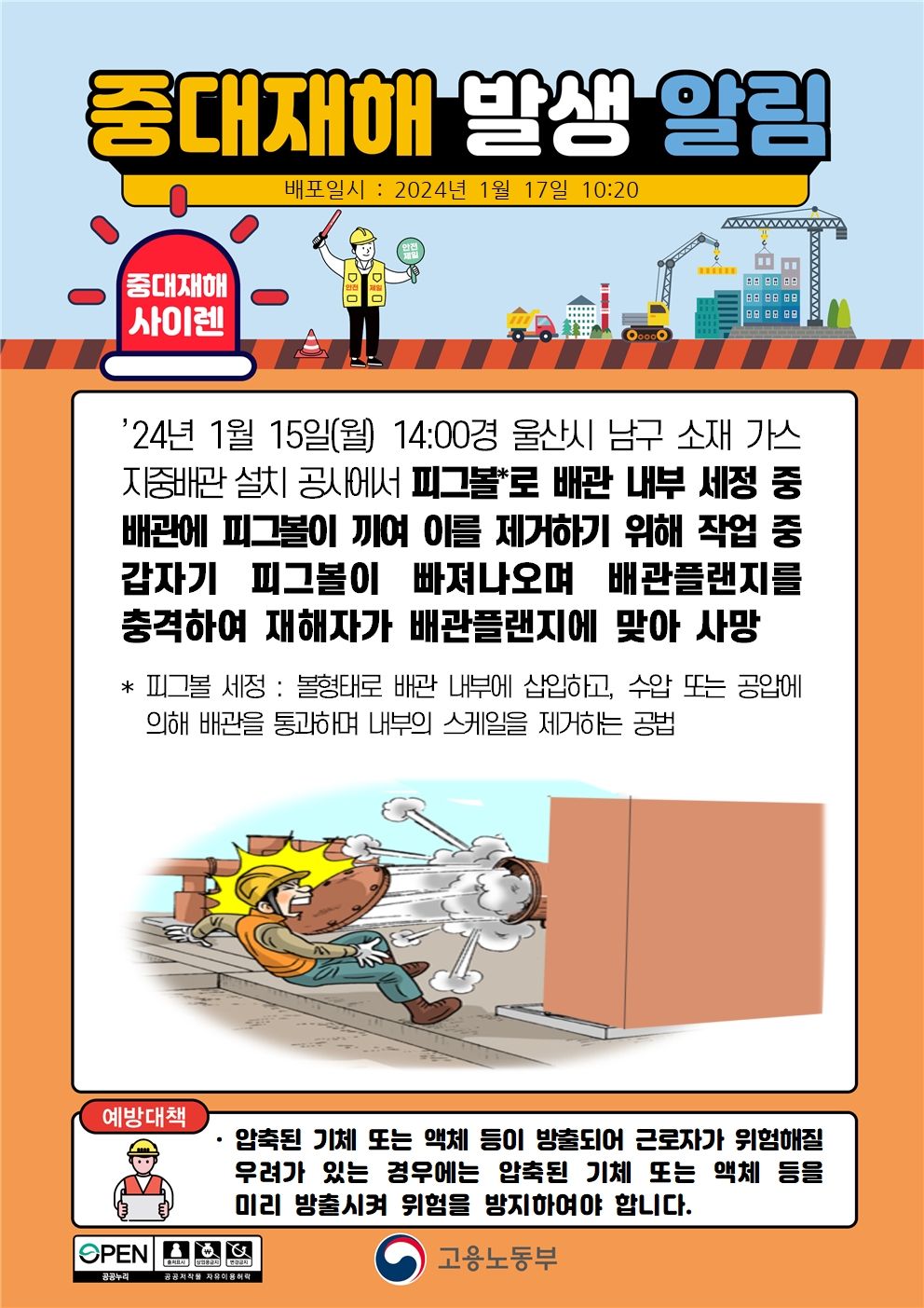 피그볼로 배관 내부 세정 중 플렌지에 맞음