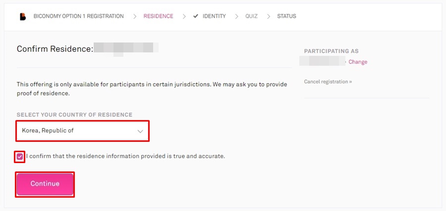 거주지 지정과 Continue 버튼