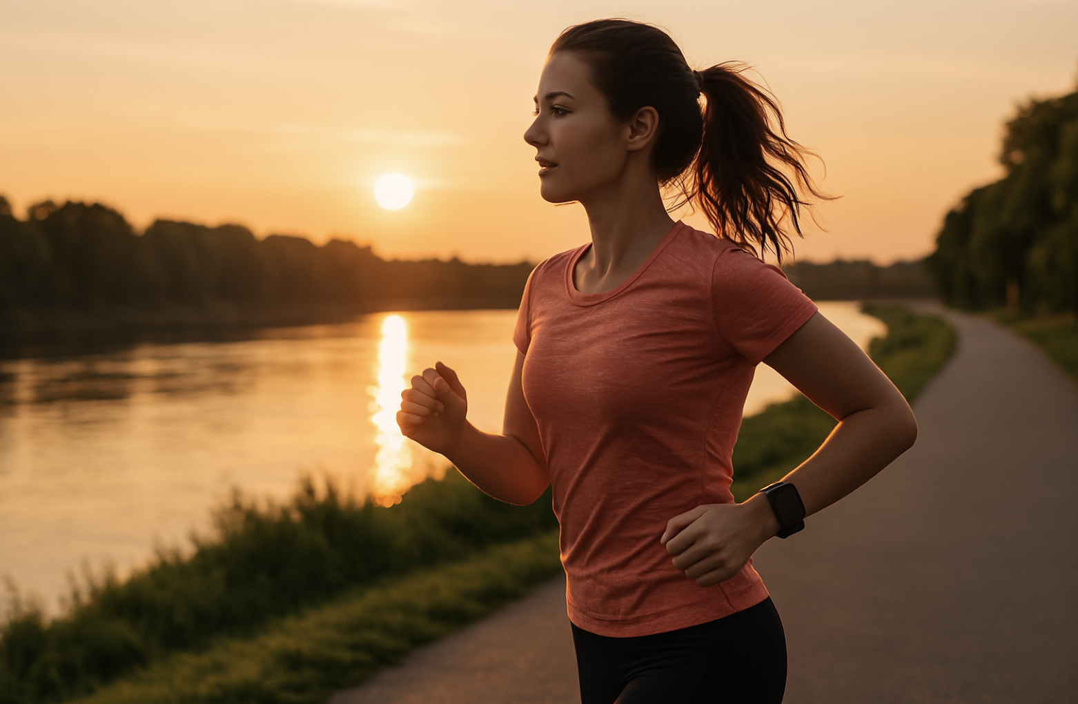 석양이 지는 강가 산책로를 따라 운동복과 스마트워치를 착용한 여성이 조깅하는 모습.