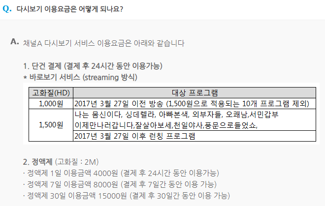 채널A-다시보기-이용요금