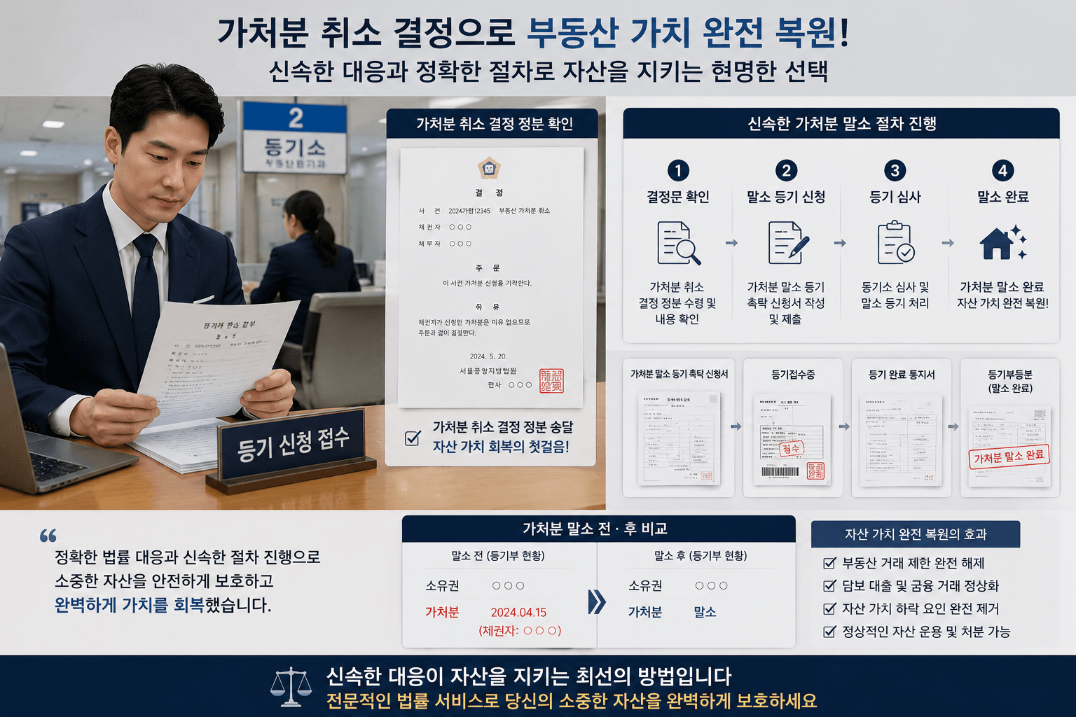 법원으로부터 송달받은 가처분 취소 결정 정본 서류를 확인하고 지체 없이 부동산 등기과에 가처분 말소 등기 촉탁 신청서를 제출하며 자산 가치를 완벽하게 복원하는 자산가 모습