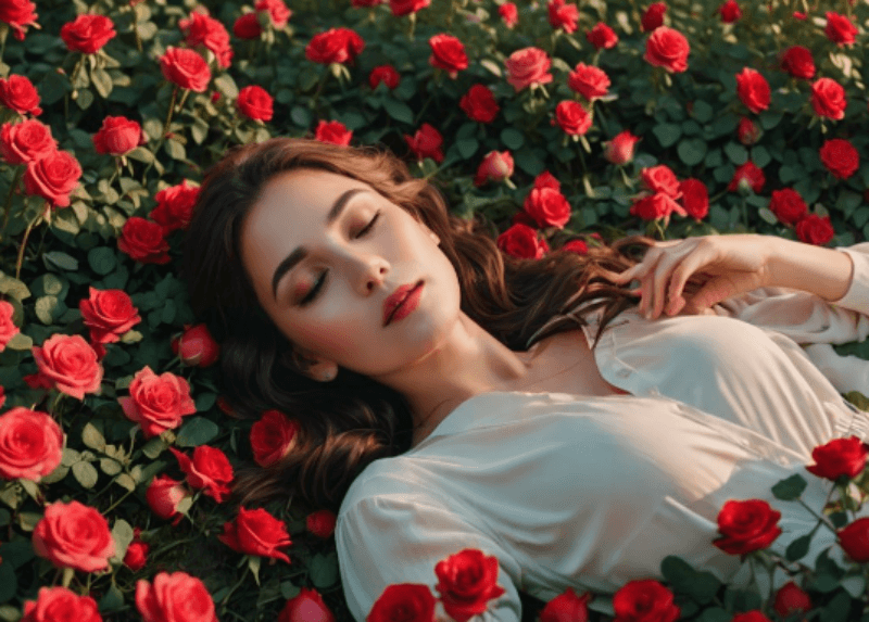 장미 꽃밭에 누워 있는 여자 그림