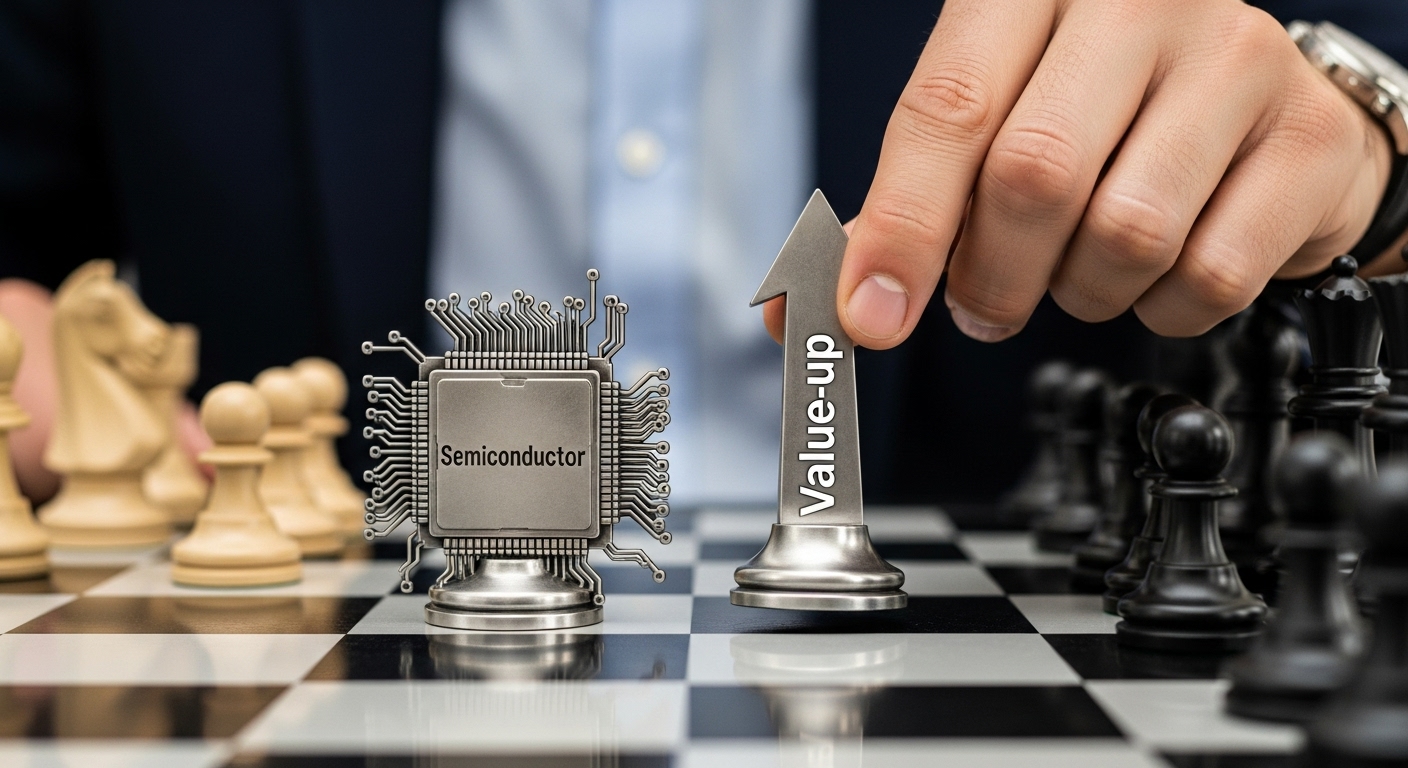 Hand strategically placing 'Semiconductor' and 'Value-up' pieces on a chessboard.