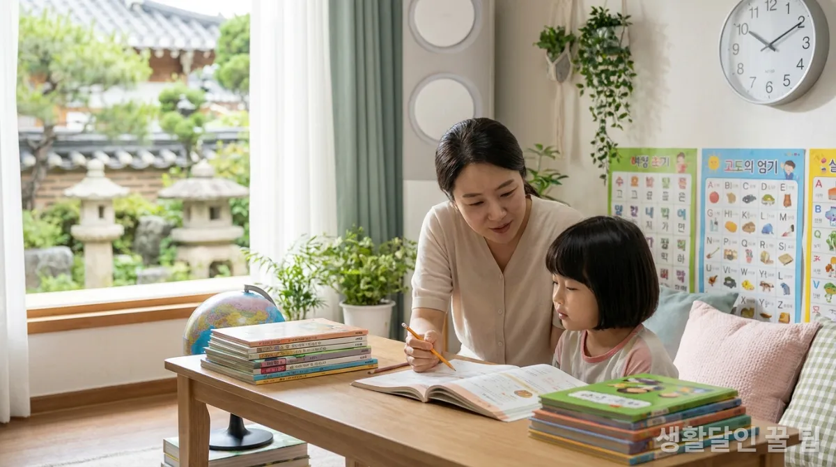 가정에서 홈스쿨링을 하는 한국인 엄마와 아이의 모습