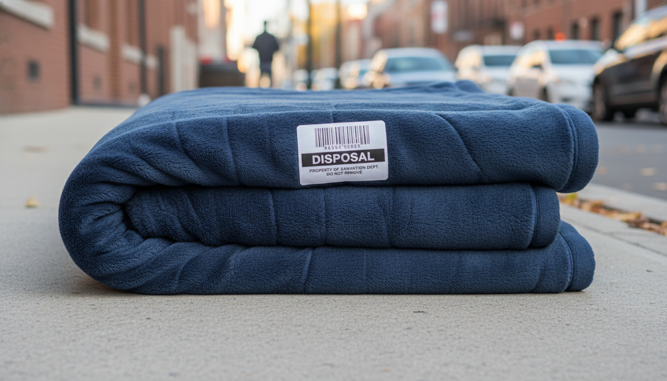 대형 폐기물 스티커가 올바르게 부착되어 배출된 두꺼운 극세사 이불의 모습