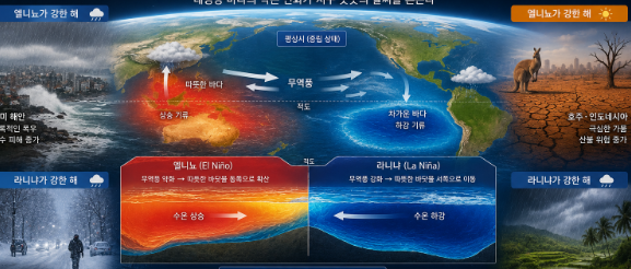 태평양 해수면 온도 변화와 엘니뇨·라니냐 흐름이 전 세계 폭우·가뭄·한파와 같은 기후 변화를 동시에 흔드는 장면