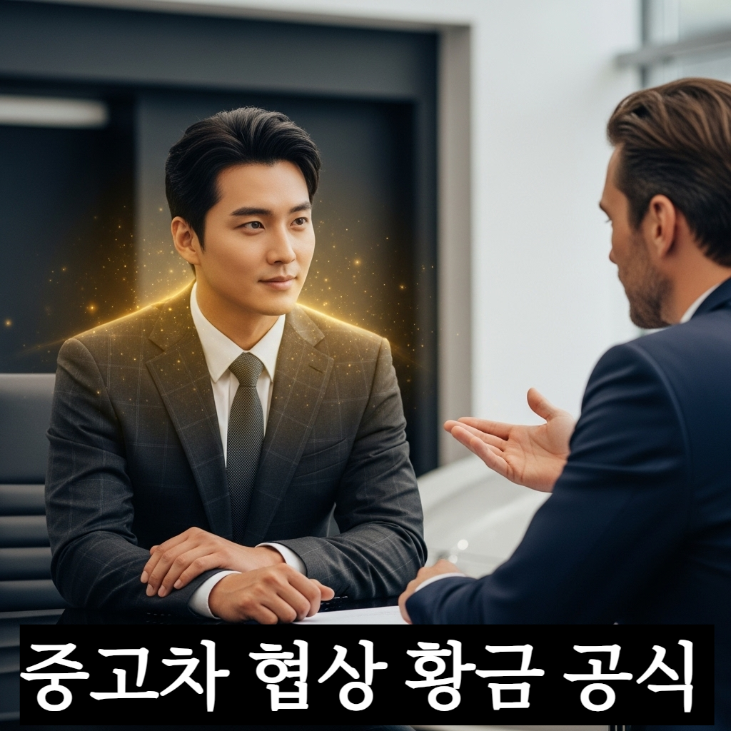 세련된 중고차 전시장 사무실에서 자신감 넘치는 표정의 한 남성(운전자)이 딜러와 마주 앉아 대화하고 있는 모습. 남성의 주변으로 황금색의 당당한 아우라가 감돌고 있으며, 딜러 앞에는 차량의 투명한 보험 이력과 데이터들이 홀로그램처럼 떠올라 있는 전문적인 시각적 묘사