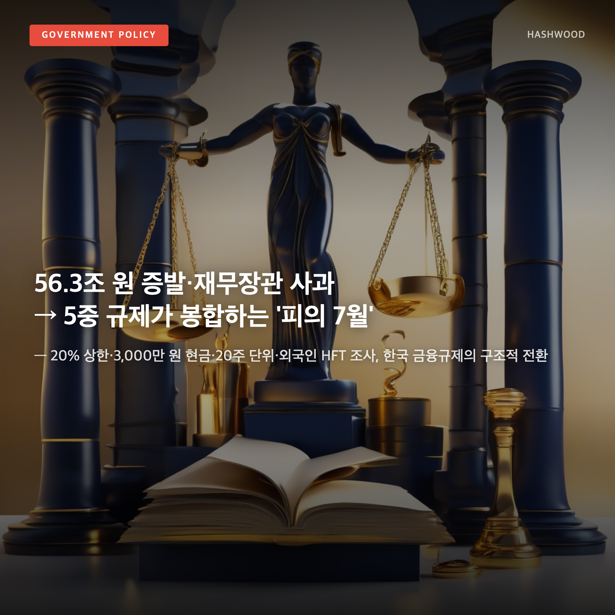 그림: 56.3조 원 증발·재무장관 사과 → 5중 규제가 봉합하는 '피의 7월' — — 20% 상한·3,000만 원 현금·20주 단위·외국인 HFT 조사, 한국 금융규제의 구조적 전환