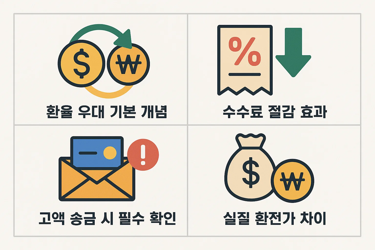 환율 우대의 기본 원리, 수수료 절감 효과, 송금 시 확인사항, 실질 환전가 차이를 시각적으로 설명한 2025년 기준 인포그래픽