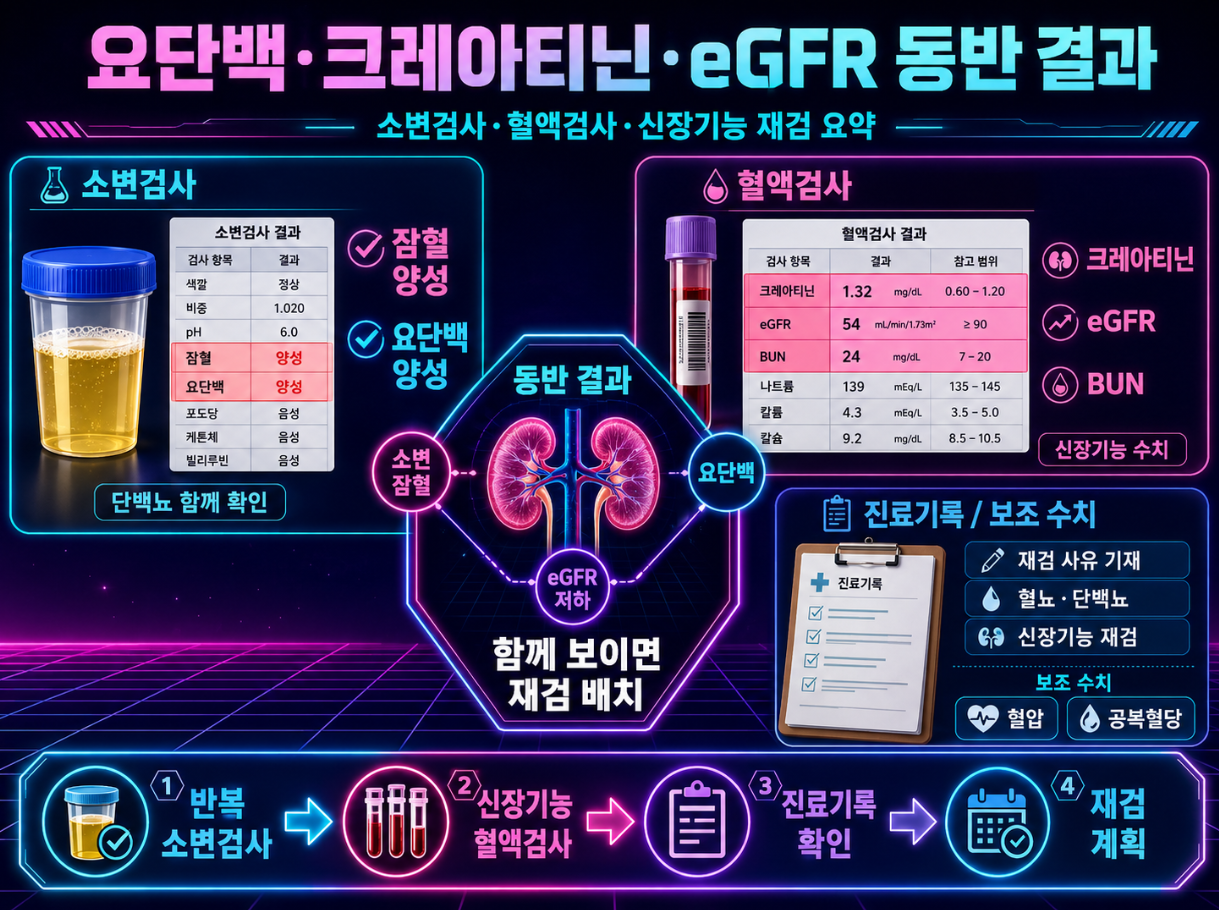 요단백&middot;크레아티닌&middot;eGFR 동반 결과와 신장기능 재검 자료를 정리한 신스웨이브 의료 인포그래픽