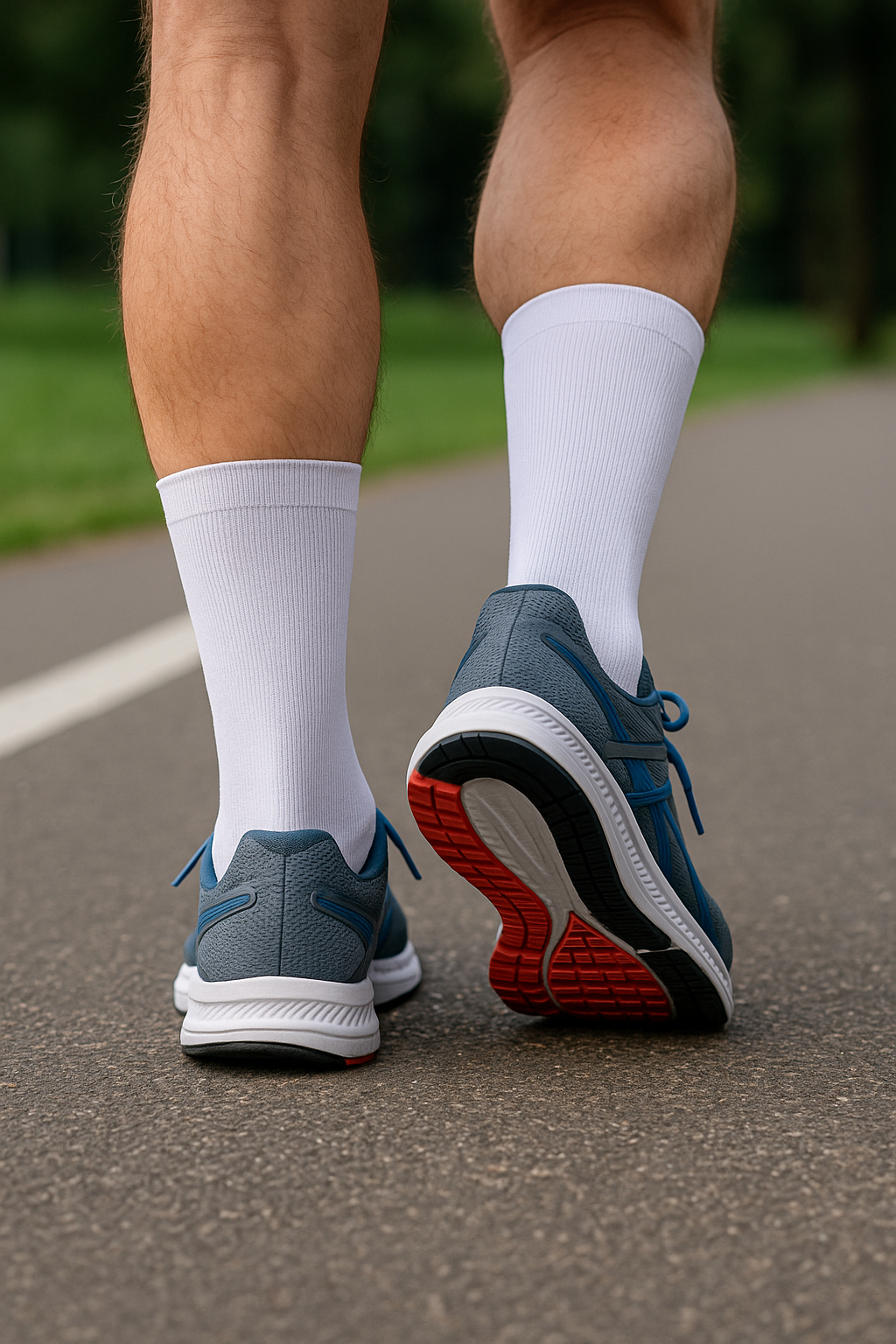 중장년 러너가 회색과 파란색 러닝화와 하얀색 압박양말을 신고 아스팔트 도로 위를 달리는 모습. 종아리 근육과 자세가 강조되며 무릎 안정성 강화를 시각화함.