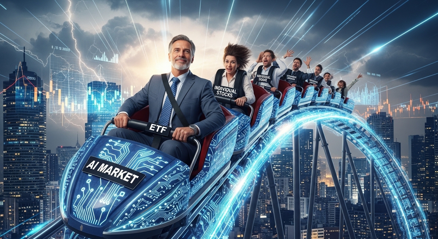 롤러코스터 같은 주식 시장에서 안전벨트를 매고 편안하게 수익을 즐기는 투자자의 모습 (ETF)