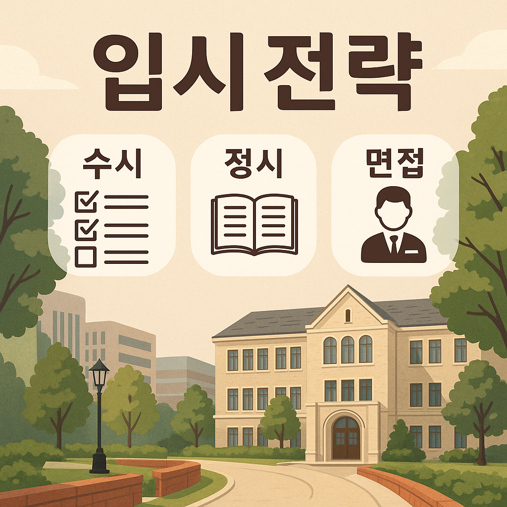 대학 캠퍼스 전경 + 입시 전략 키워드가 떠오르는 깔끔한 배경