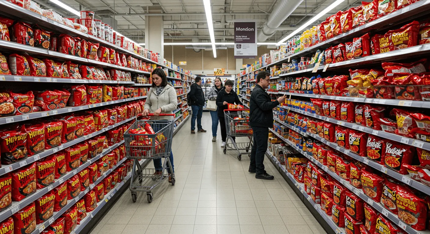 미국 마트에 불닭볶음면이 진열되어 있고 많은 사람들이 관심을 갖고 있는 모습