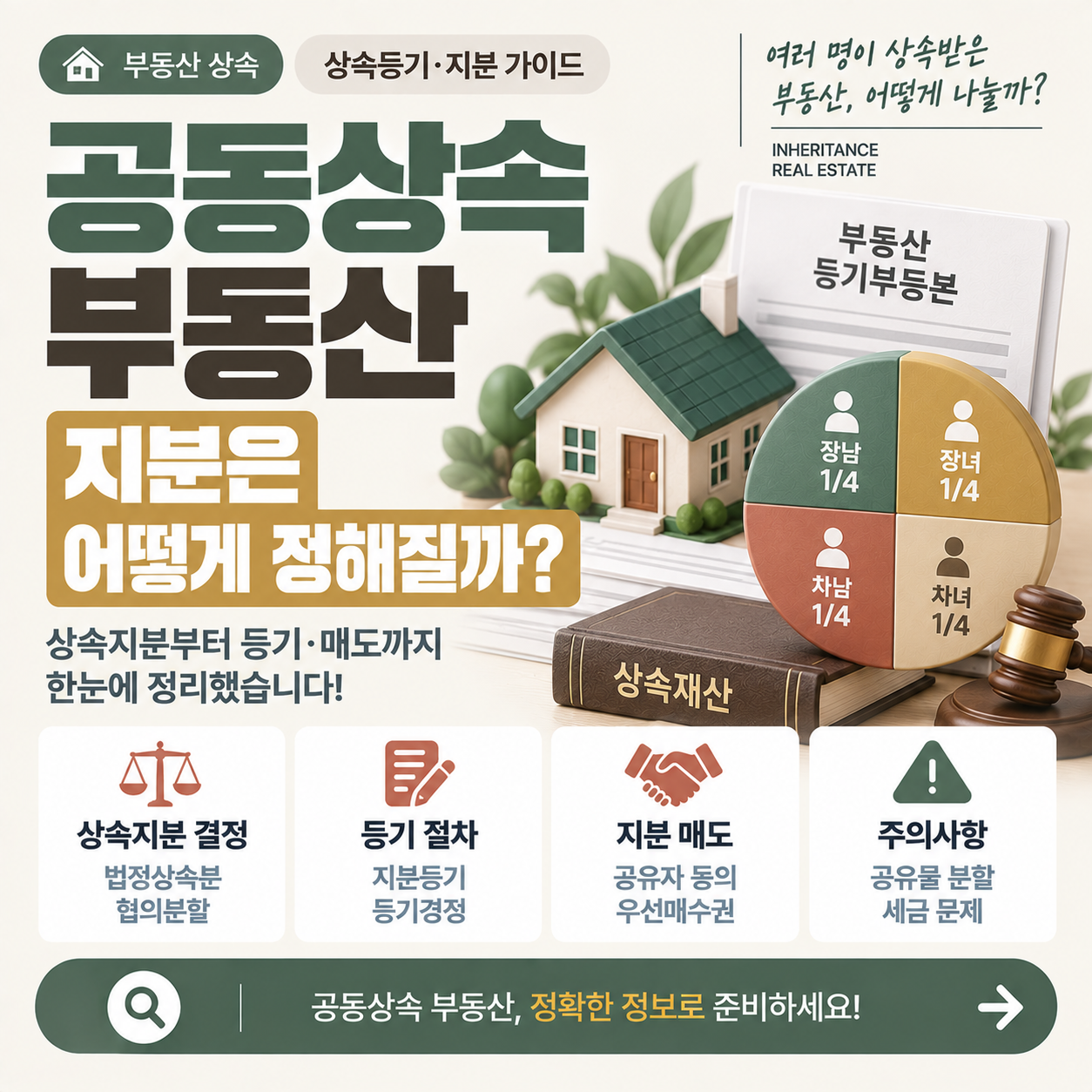 공동상속 부동산의 지분 결정과 등기&middot;매도 절차를 설명하는 이미지