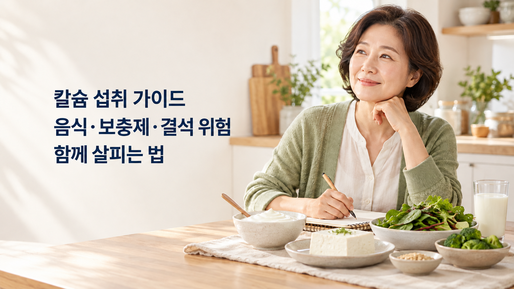 칼슘이 들어 있는 식품을 앞에 두고 하루 식사를 계획하는 중년 여성