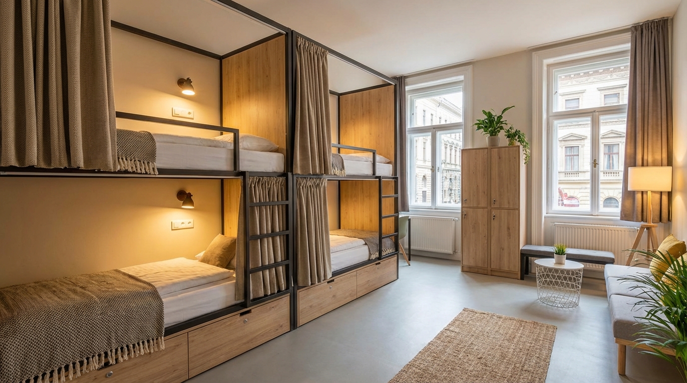 부다페스트 호스텔 도미토리 내부 2층 침대와 개인 커튼 조명