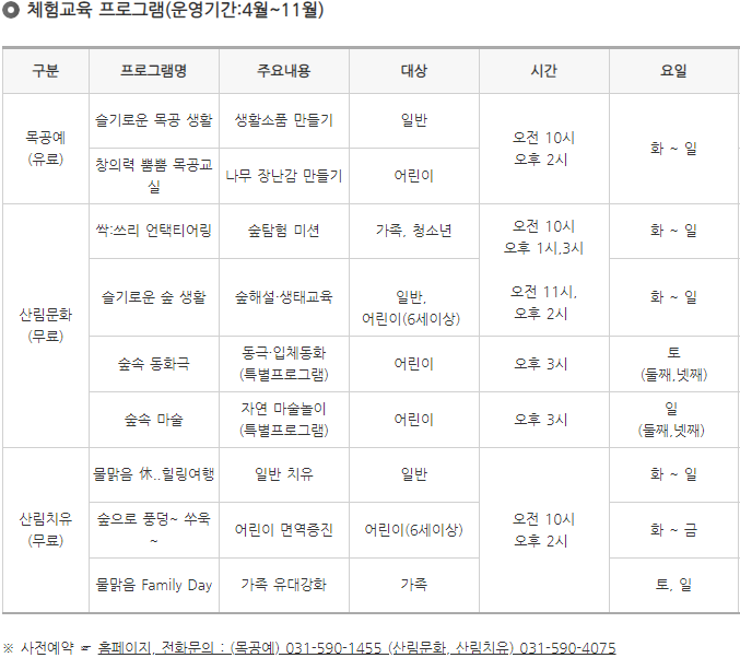 물맑음수목원 체험교육 프로그램