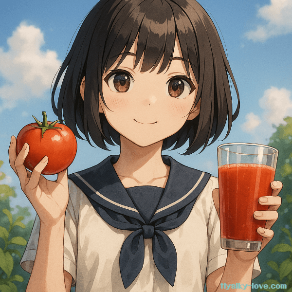 토마토와 토마토 쥬스를 들고 있는 소녀