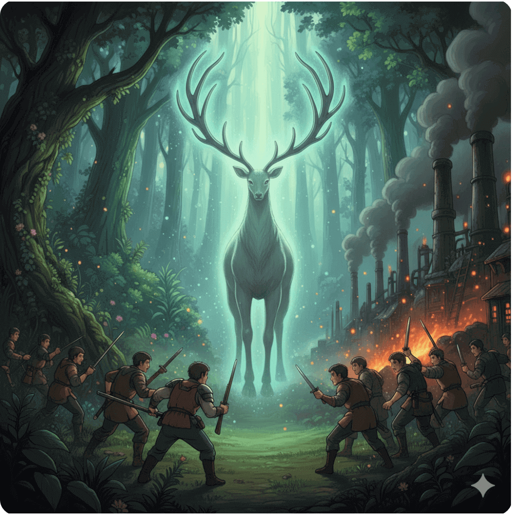 alt="모노노케 히메에서 자연 신과 인간이 숲과 산업의 경계에서 마주 서 있는 모습을 표현한 일러스트"