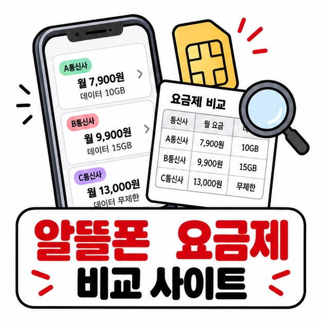 알뜰폰 요금제 카드와 스마트폰 옆에 알뜰폰   요금제 비교 사이트 문구를 크게 보여주는 대표 카드