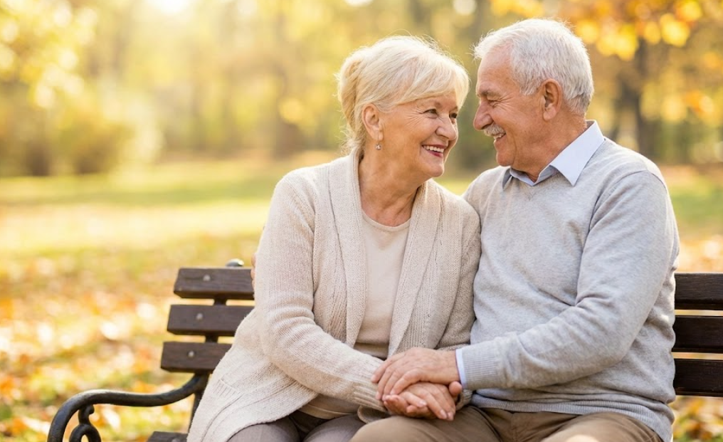 공원 벤치에 앉아 서로 손을 잡고 다정하게 바라보며 웃고 있는 노부부의 행복한 모습