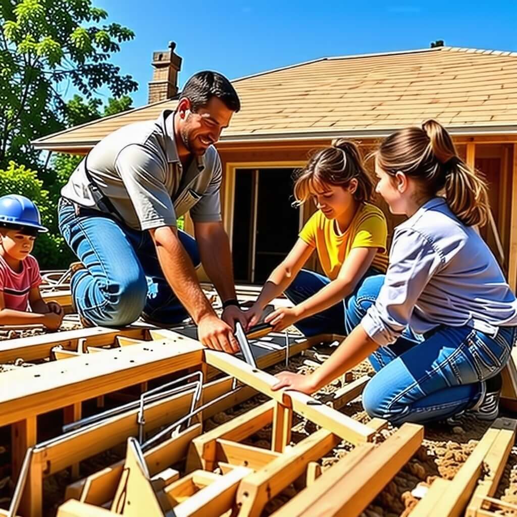 지진에 대비하기 위해 집을 내진하는 가족
