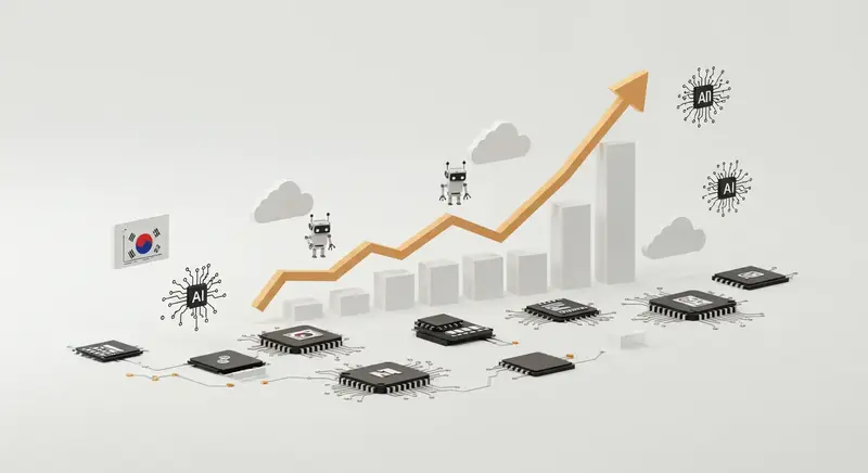 한국 국기가 있는 AI 칩과 로봇들이 상승하는 그래프와 막대 차트 주변에 배치되어 소버린 AI 기술 및 관련 주식의 성장을 시각적으로 보여주는 이미지.