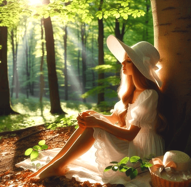 숲속 큰 나무에 등을 기대 앉은 백인여자가 두 눈을 감고 쉬고있다. 하얀색 챙이 넓은 모자와 하얀 원피스를 입었다.