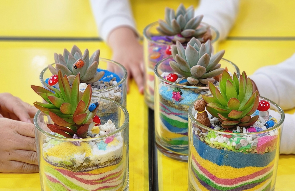 유아들이 완성한 색모래 테라리움 다육식물 (영진전문대부설유)