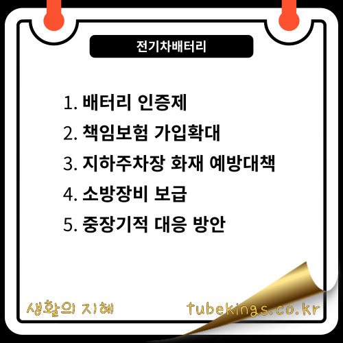 배터리인증재
책임보험가입확대
지하주차장 화재 예방대책
소방장비 보급
중장기적 대응 방안