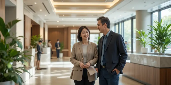 실버타운 로비에서 구경중인 중년 부부 모습