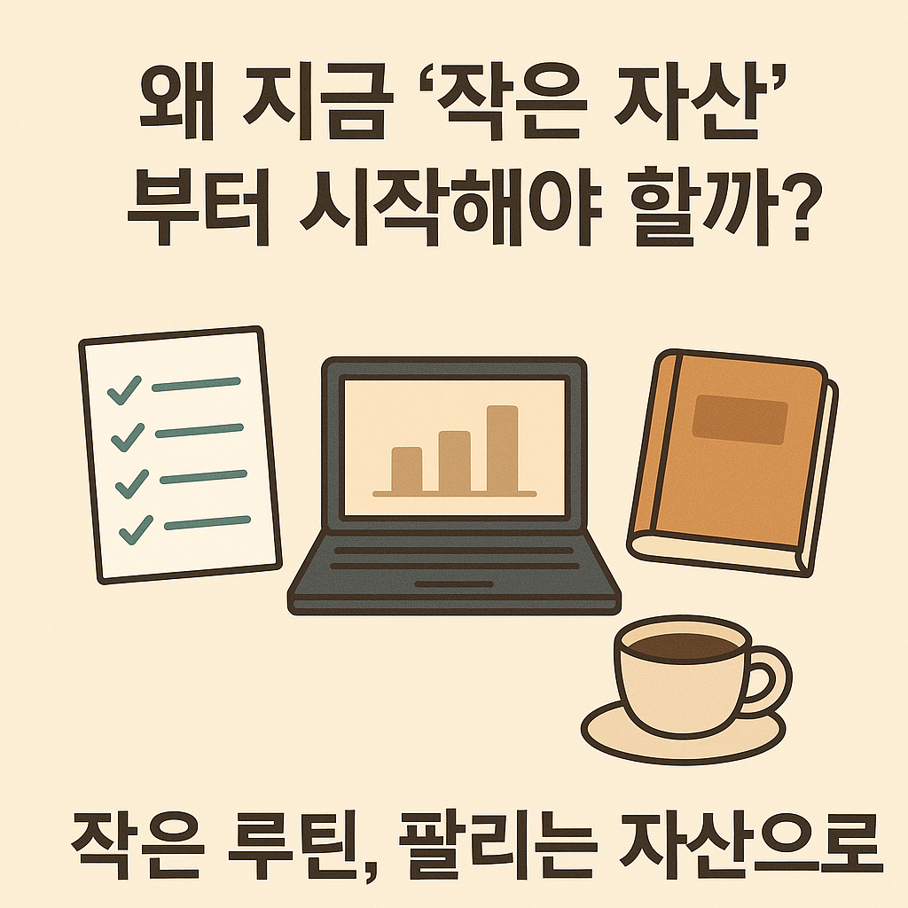 작은 자산으로 시작하는 디지털 자산화 개념을 표현한 썸네일 – 체크리스트, 노트북, 책, 커피잔이 함께 배치된 일러스트