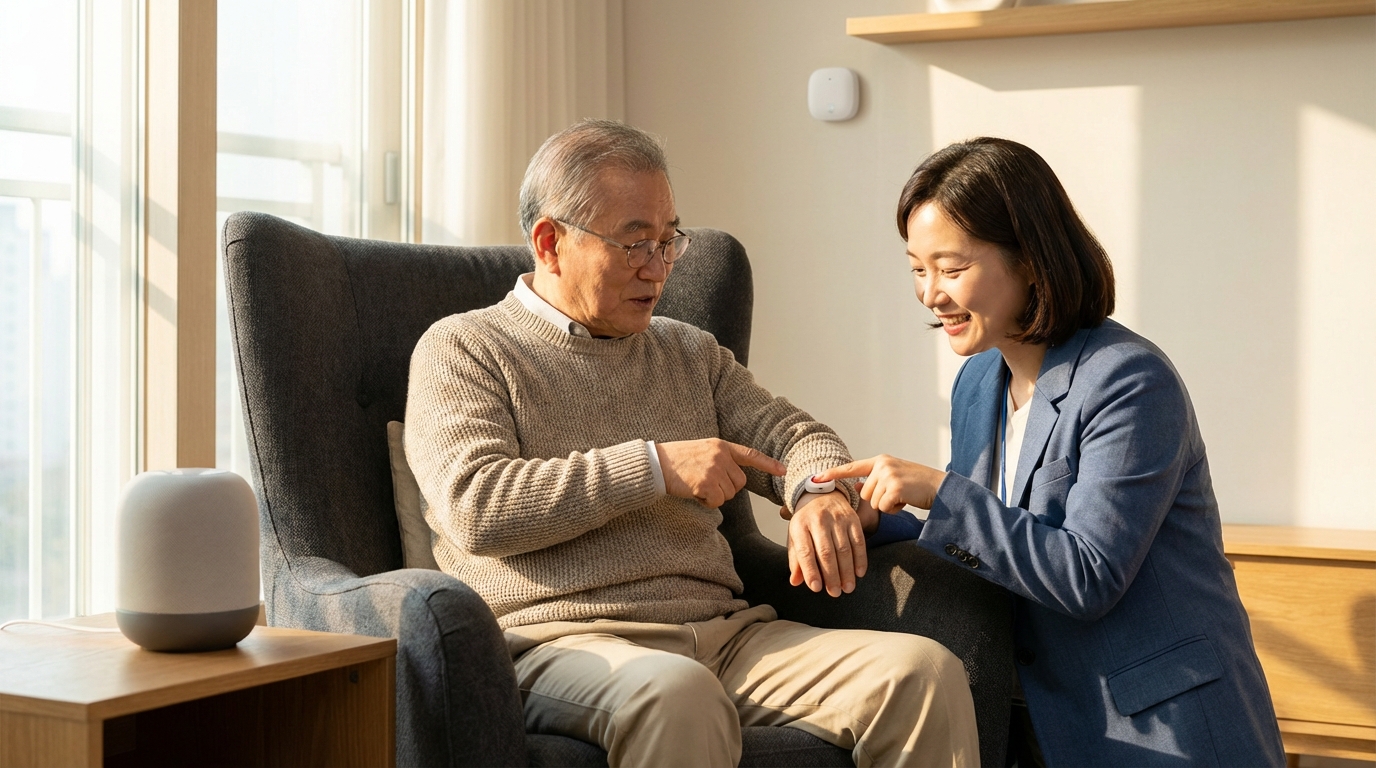 거실에서 사회복지사가 홀로 사는 어르신에게 AI 스피커와 응급 호출 버튼 사용법을 친절히 설명하며 안전을 확인하는 모습