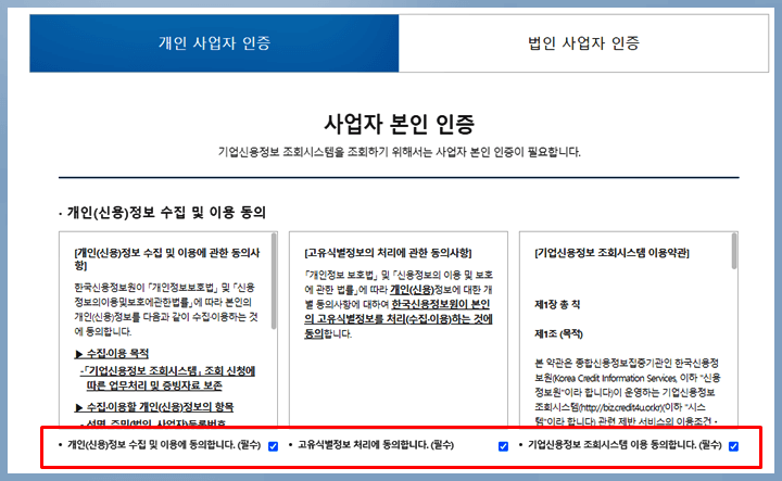 사업자대출확인하기 사업본인인증화면